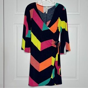 Emerald Knit Dress Sz M Bell Sleeves Blue Black Pink Green V Neck Faux Wrap